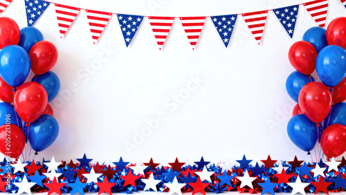Patriotic banner with red blue and white balloons isolated on white background for 4th of july celebrations