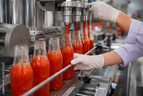 Quadro su tela Worker Hands Operating Automated Chili Sauce Filling Machine in Modern Food Fact