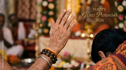 Devotee raises hand seeking blessings on guru purnima festival - conceptional spirituality
