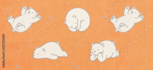 Cute Seamless Pattern with Adorable Polar Bear Cubs, Cartoon White Bears on Orange Background with Stars