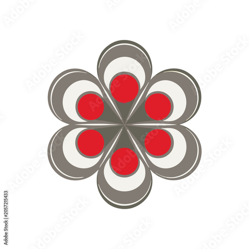 stylized symmetrical flower design with red and gray petals isolated on a white background silhouette