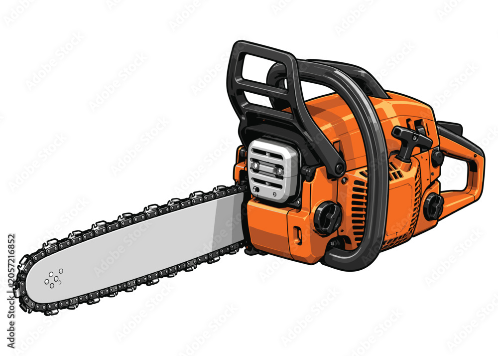 Naklejka premium Heavy duty gasoline powered chainsaw used for professional forestry work and tree maintenance tasks featuring sharp teeth and an ergonomic handle design for safe operation during outdoor wood