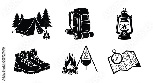 Camping Equipment Silhouettes Black Vector Icons On White Background