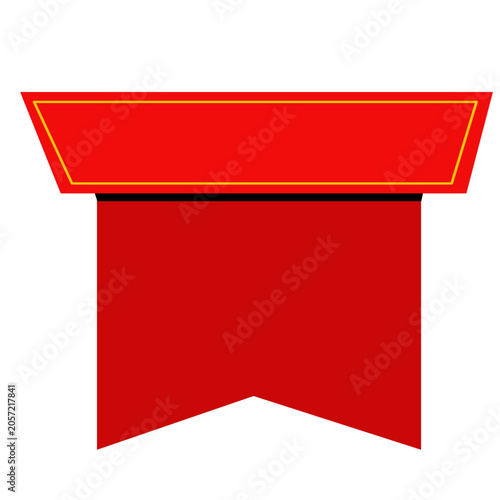 Red ribbon banner with gold outline on white background
