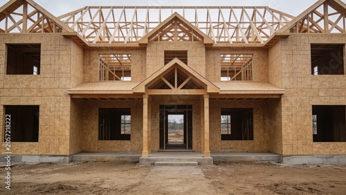  depicts a partially constructed two-story house, showcasing a wooden frame structure with visible trusses and beams.