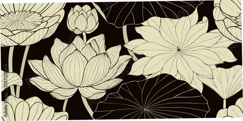 Lotus flowers and leaves detailed line illustration on a dark background