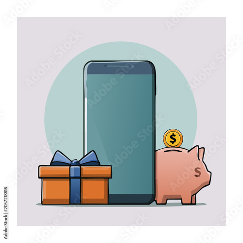 Smartphone, Piggy Bank, and Gift Box Illustration