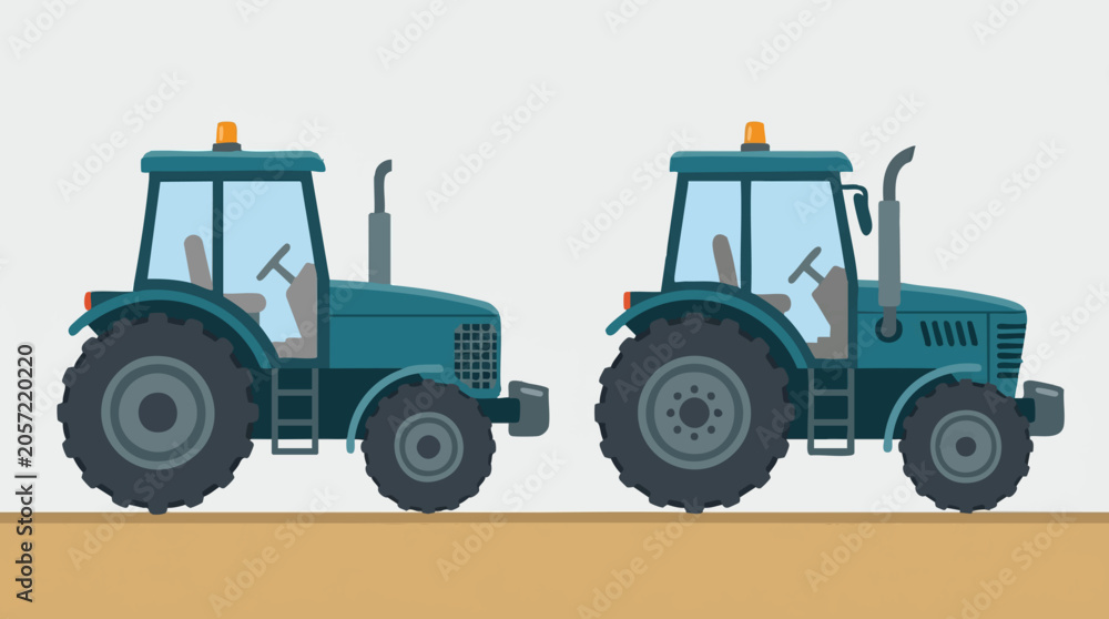 Fototapeta premium Two blue-green flat design farm tractors on brown ground illustration