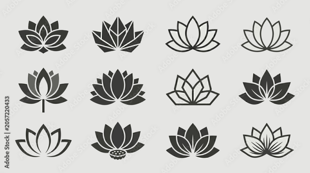 Obraz premium Collection of 9 lotus flower icons on a clean light gray background, minimalist vector design.