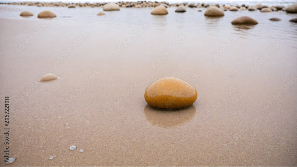 Obraz premium Close-up of smooth, round, wet stones scattered on a sandy beach with soft focus background