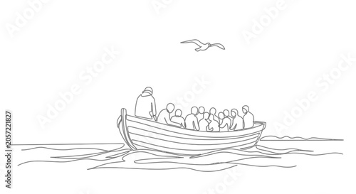 Obraz na plátně Overcrowded boat with refugees sailing on the sea under a bird