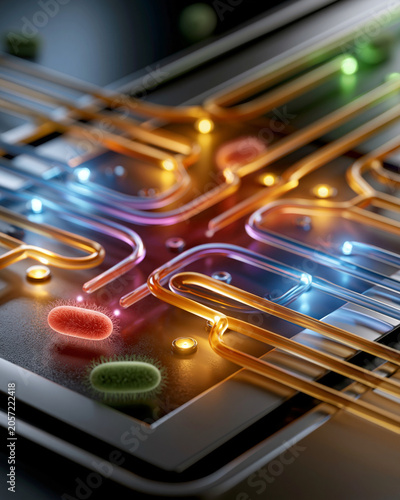 Microfluidic chip sorting beneficial bacteria showcasing microbiome diagnostics and precision medicine innovation concept