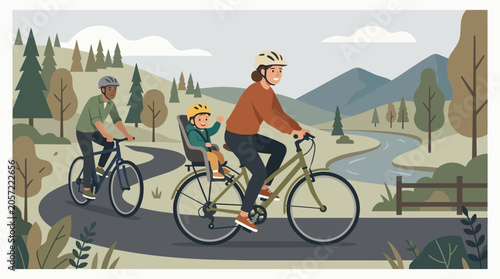 Family Bicycle Ride: Illustration of Parents and Child Cycling Outdoors