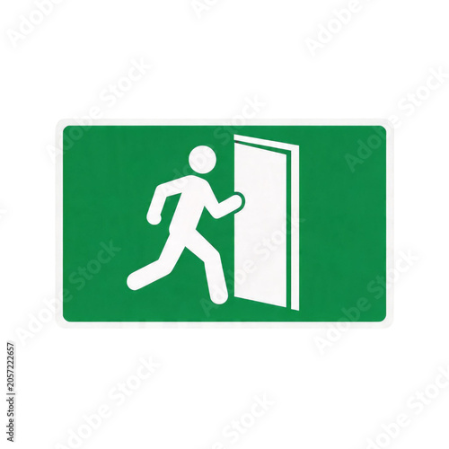 Green and White Emergency Exit Sign Symbol Illustrating a Person Running Towards an Open Door for Safety Evacuation Guidance