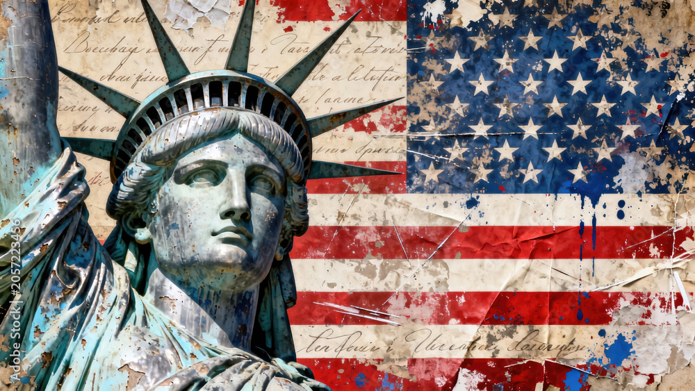 Obraz premium Vintage Statue of Liberty and American Flag on Distressed Background