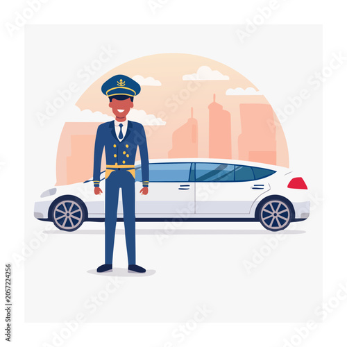 Flat design vector of delivery person with umbrella and tricycle
