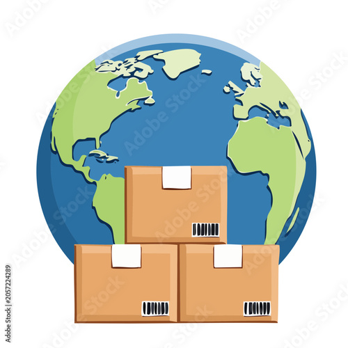 Flat design world map with package delivery boxes