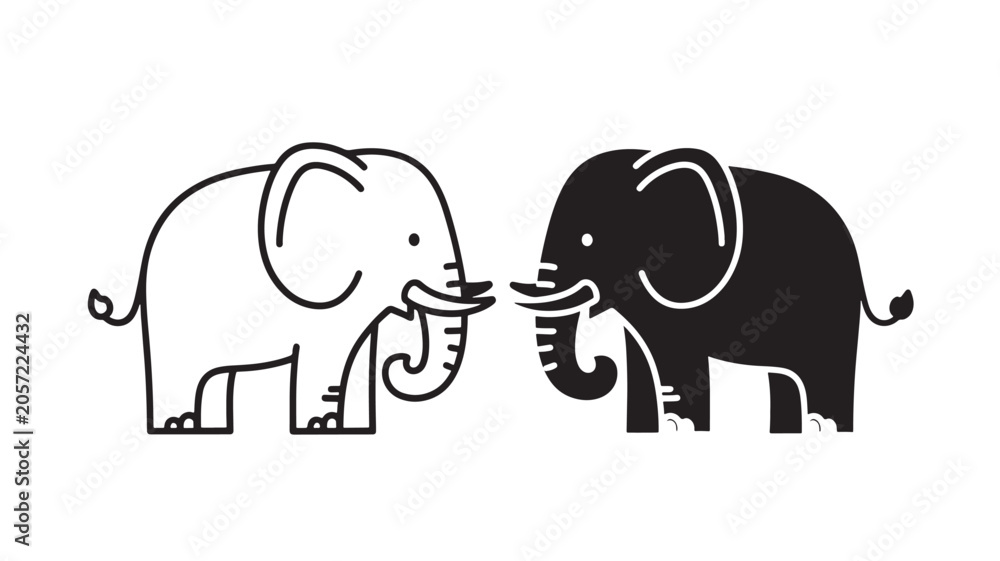 Fototapeta premium Elephant Icons Facing Each Other in Black and White, Friendly Line Art Design with Simple Outlines and Trunk Greeting Pose