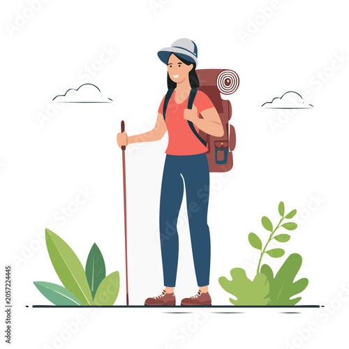 Woman hiker with backpack and pole in flat design style