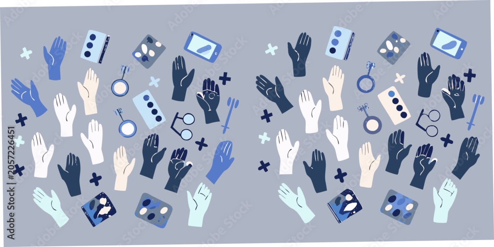 Fototapeta premium Hands And Symbolic Objects Blue Vector Illustration With Gray Background