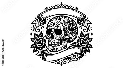 Fotografie Day of the Dead Skull with Roses and Banners - Tattoo Design Vector