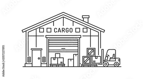 Cargo warehouse building with forklift and boxes linear silhouette