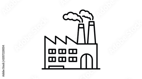 Factory Building With Chimneys And Smoke Black Line Silhouette