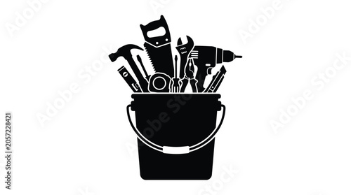 Tools In Bucket Black Silhouette Against White Background