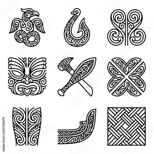 Φωτογραφία Collection of Maori cultural symbols and designs.