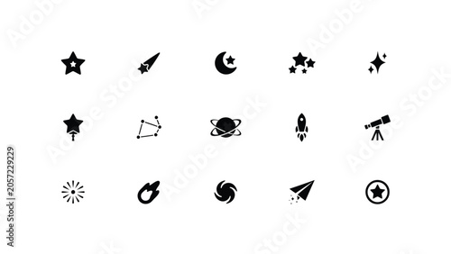 Obraz na plátně Cosmic and astronomical icon set featuring stars planets rockets and space related objects