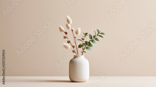 A small white ceramic vase holds fluffy decorative stems and green leaves against a light neutral background