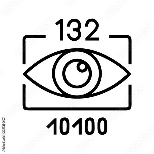 Eye inside computer screen icon with number code - Minimalist vector icon of an eye looking through a computer screen displaying numbers 132 and 10100