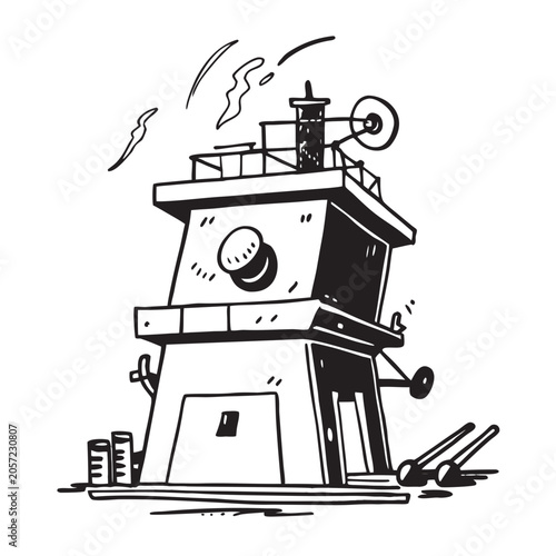 Vintage black silhouette of a blast furnace tower with skip hoist cast house, and gas off-take pipes.