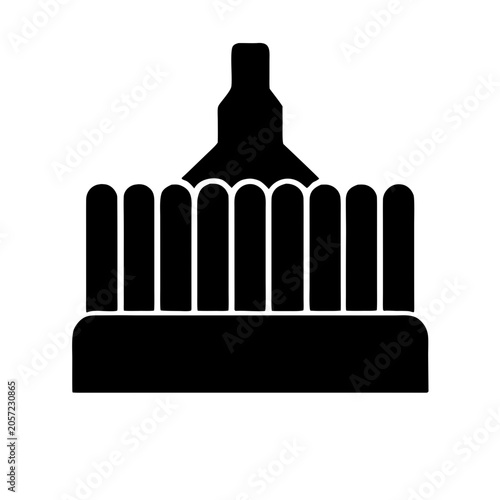 Black silhouette of a grain elevator complex with multiple concrete silos and a central headhouse for agricultural industry graphics
