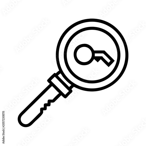Magnifying glass with keyhole icon - Minimalist vector icon of a magnifying glass focusing on a keyhole, symbolizing search or discovery.