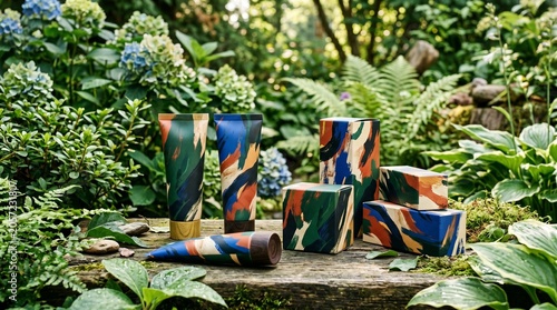Colorful ceramic vases displayed in a lush garden setting.