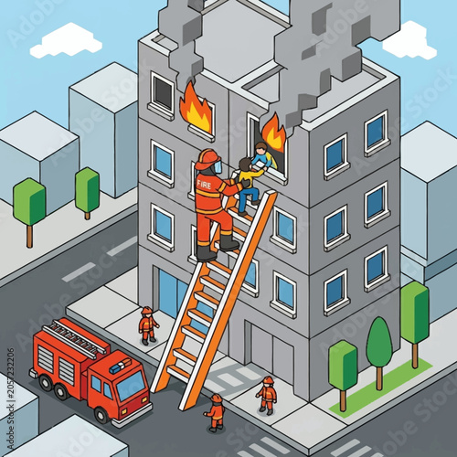Canvas Print Firefighter Rescuing Person From Burning Building.
