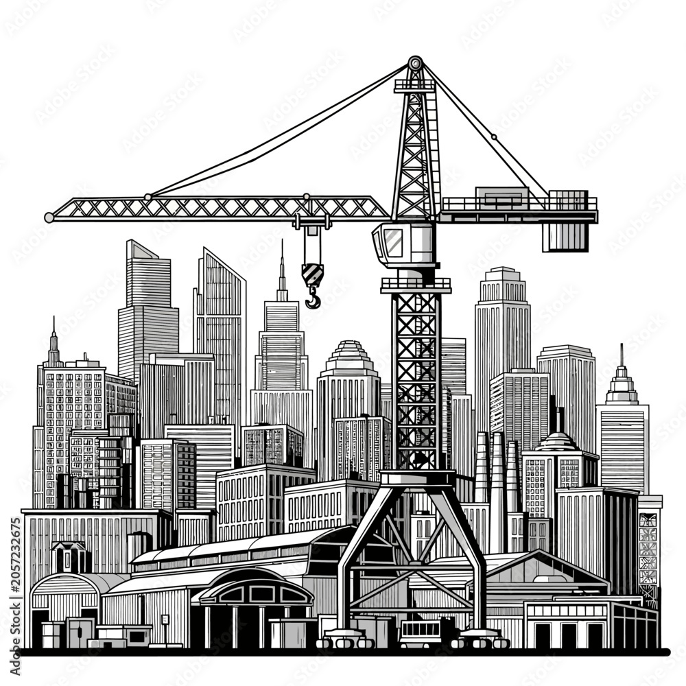 Fototapeta premium Cityscape illustration with crane and buildings, monochrome design