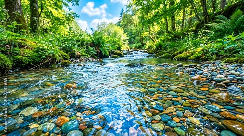 Crystal clear stream flowing through lush green forest landscape.