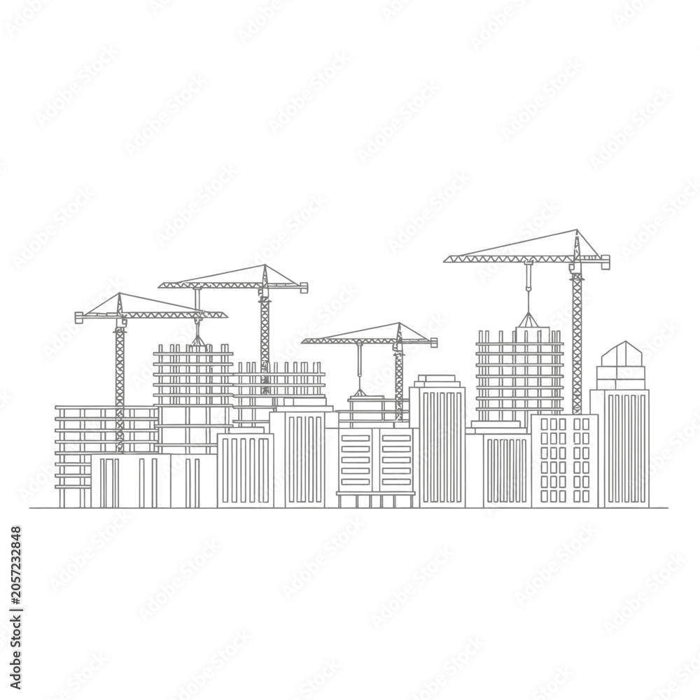 Obraz premium Cityscape under construction, line drawing, development concept