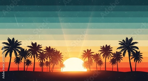 Retro sunset and palm trees landscape. Vintage summer vacation mood and coastal vibe. Tropical beach at sunset with stylized retro color stripes background