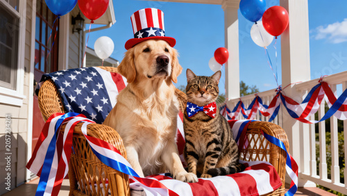 A cheerful dog and cat donning colorful patriotic hats, celebrating together in a display of unity and national pride