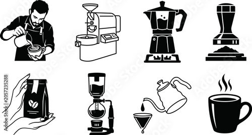 Φωτογραφία Professional coffee brewing and production icon set featuring barista latte art