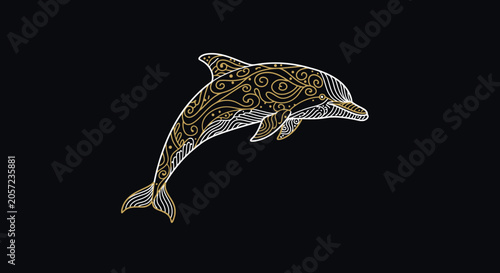 Elegant Golden Dolphin with Intricate Swirls and Patterns on Dark Background
