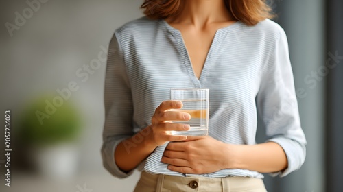 Woman holding stomach and glass of water, digestive wellness concept, realistic image