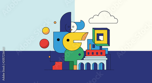 Vibrant Abstract Digital Illustration Blending Organic Forms and Industrial Structures