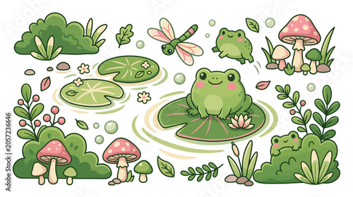 Green Frog Sitting on Leafy Pad.