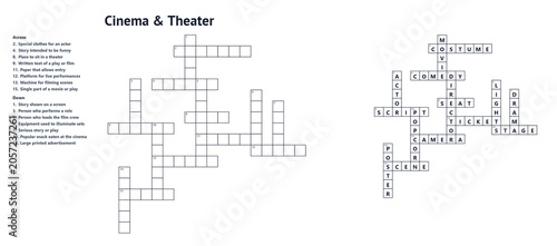 Fotografie Crossword themed Cinema Theater with clues and solution, printable word puzzle f