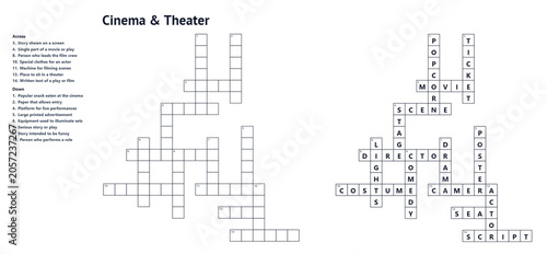 Fotografie Crossword themed Cinema Theater with clues and solution, printable puzzle activi