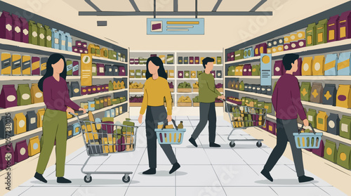 Tableau sur toile Shoppers browse a grocery store aisle with filled shelves and shopping carts
